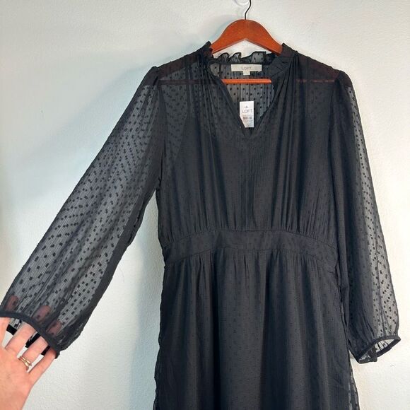 Loft Black Sheer Swiss Dot Pleated Long Sleeve Dress Womens 12 NWT Fairy Grunge - Picture 4 of 11